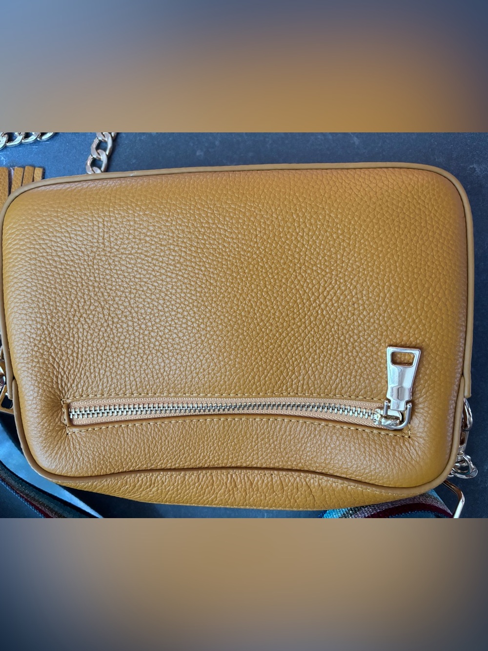 Compact Mustard Yellow Pebbled Leather Crossbody Bag with Gold Hardware - Picture 6 of 9